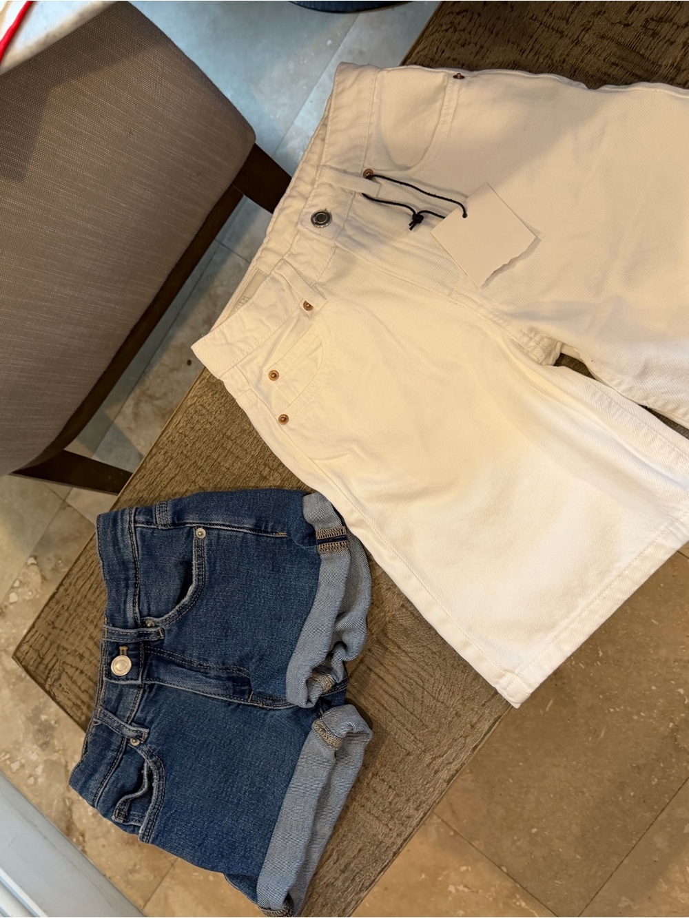 White Denim Shorts with Drawstring Waist